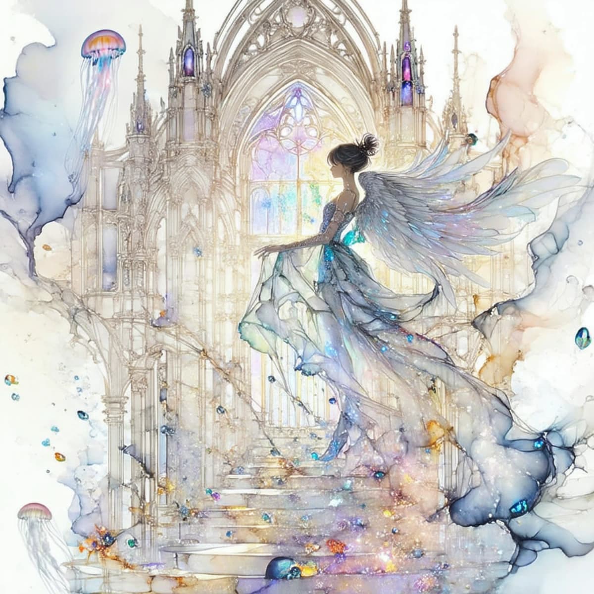 クラゲが見つめる白き翼 - N.あつめ(Xでは夏芽藍) | ArtNow